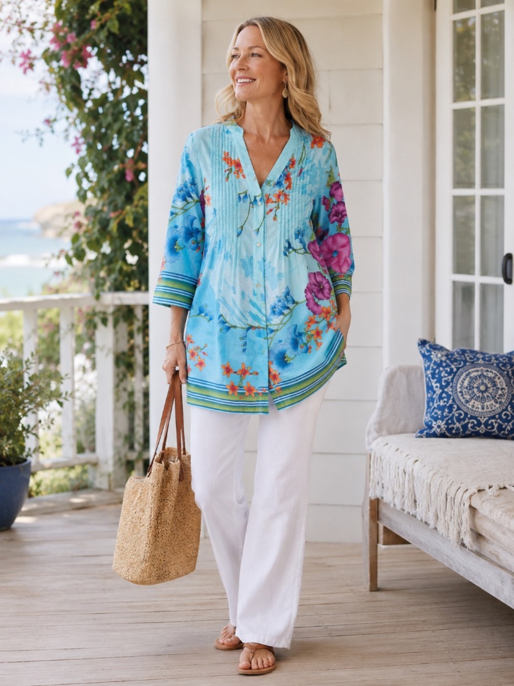 Soft Surroundings L’Atalante Floral Cotton Tunic Top Aqua Pink M